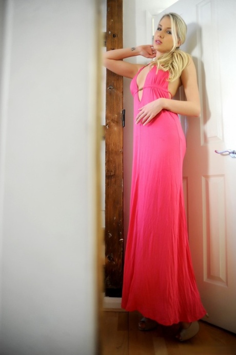 Hot blond with legs to die for takes off her pink dress and matching underwear 16894688