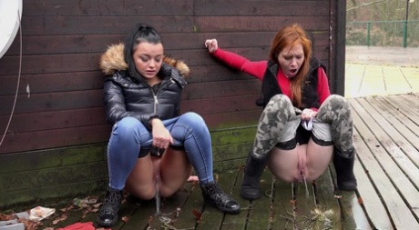 Naughty chick Sandra and her best friend pull down their pants and pee outside 43198342