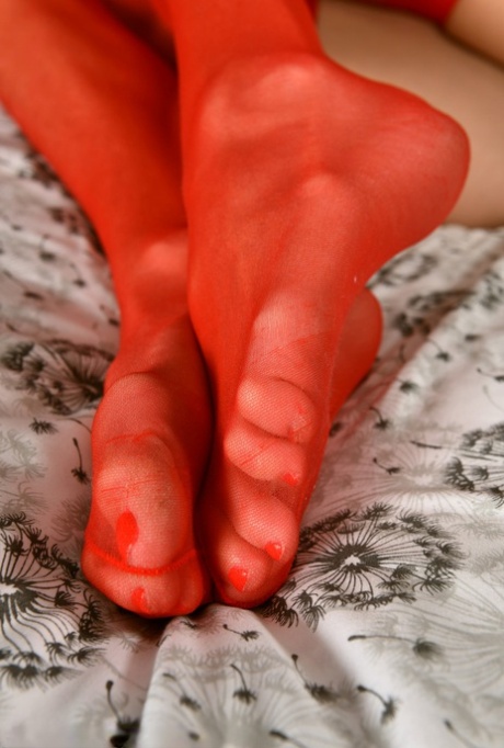 Over 30 amateur Sofie Marie doffs red lingerie and nylons to go nude on a bed 29055916