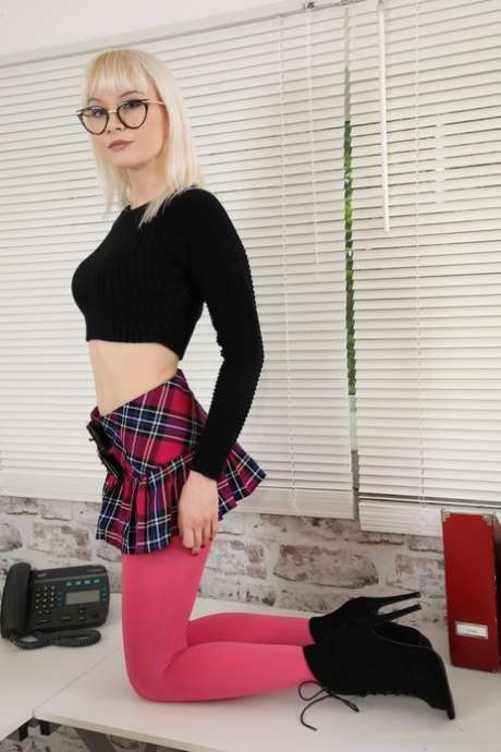 Blonde secretary Jessica Louise strips to her underwear and purple stockings 16626935