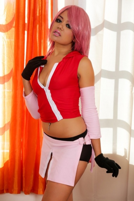 Pink haired Asian teen Annie Cruz in boots spreading legs to show hairy twat 99013168