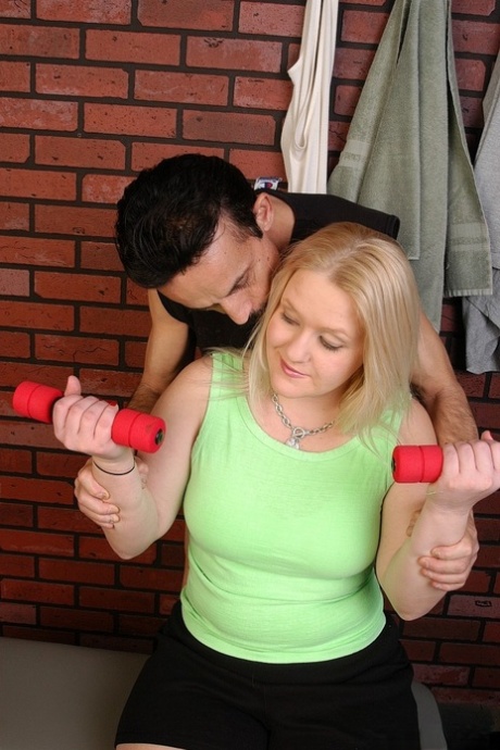 Aged blonde woman Samantha having her chubby boobs exposed by man 84675643
