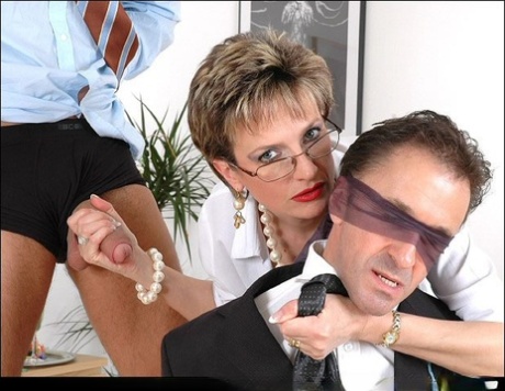 Mature femdom humiliates her blindfolded man by blowing another cock 68394057
